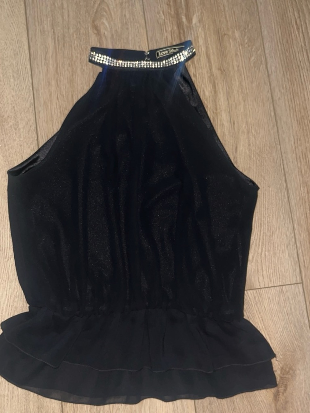 Love Stitch Black Halter Top with Rhinestone Trim